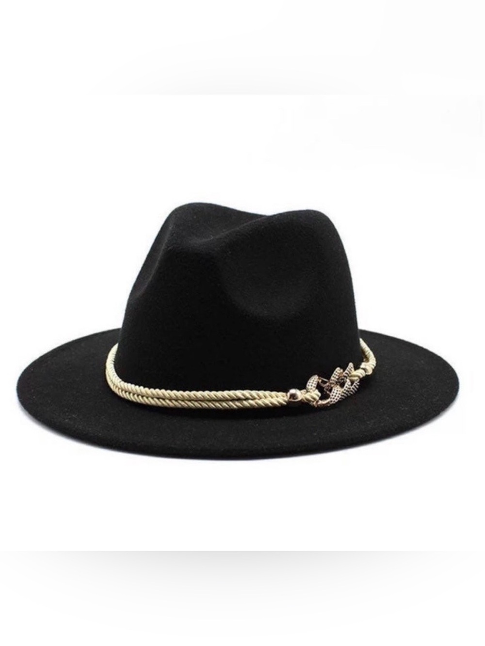 Black Wide-Brim Wool Fedora with Gold Rope Band